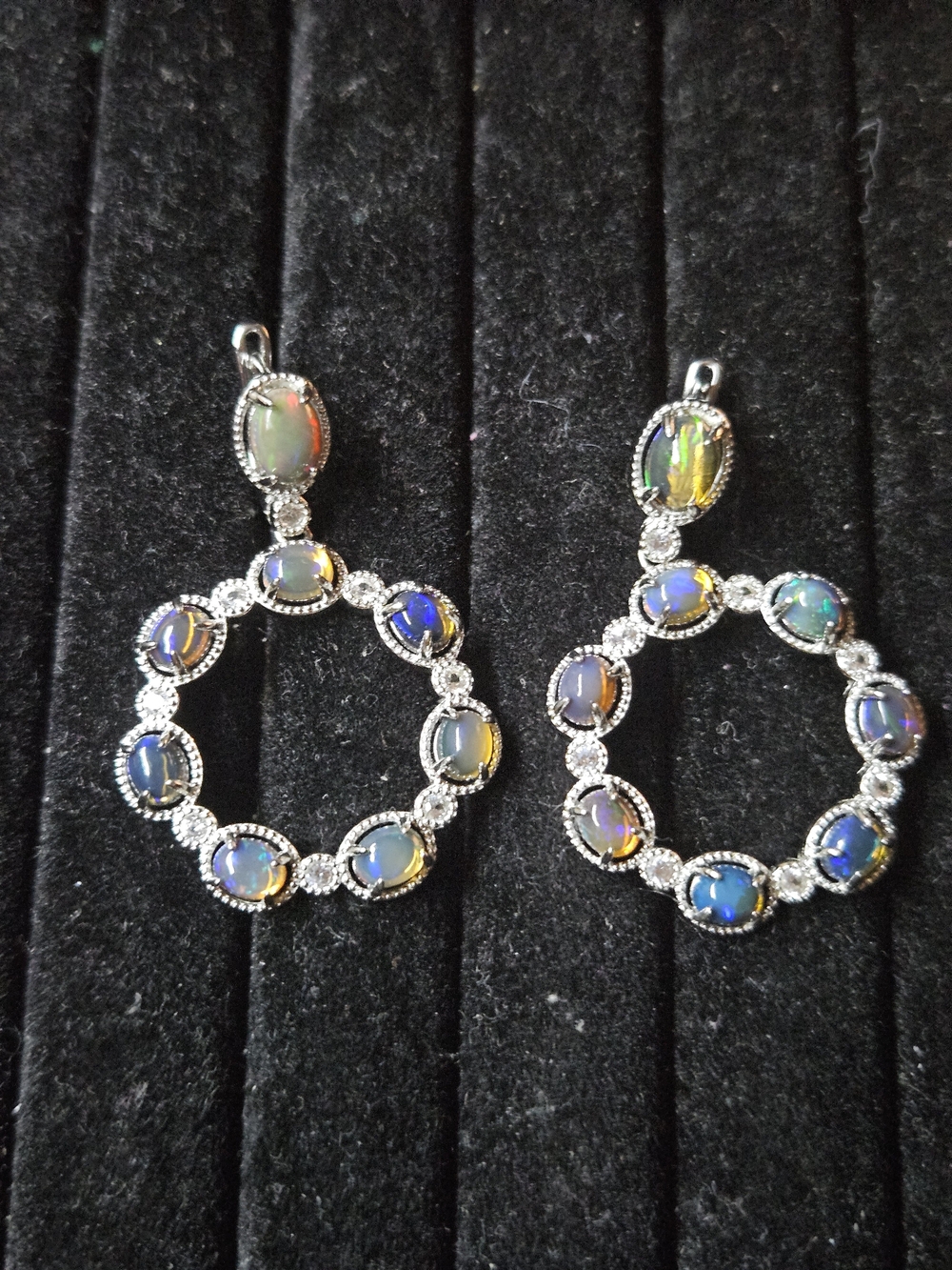 925S Ethopian Fire Black Opal Hoop Drop Earrings - Iridescent Blue-Green